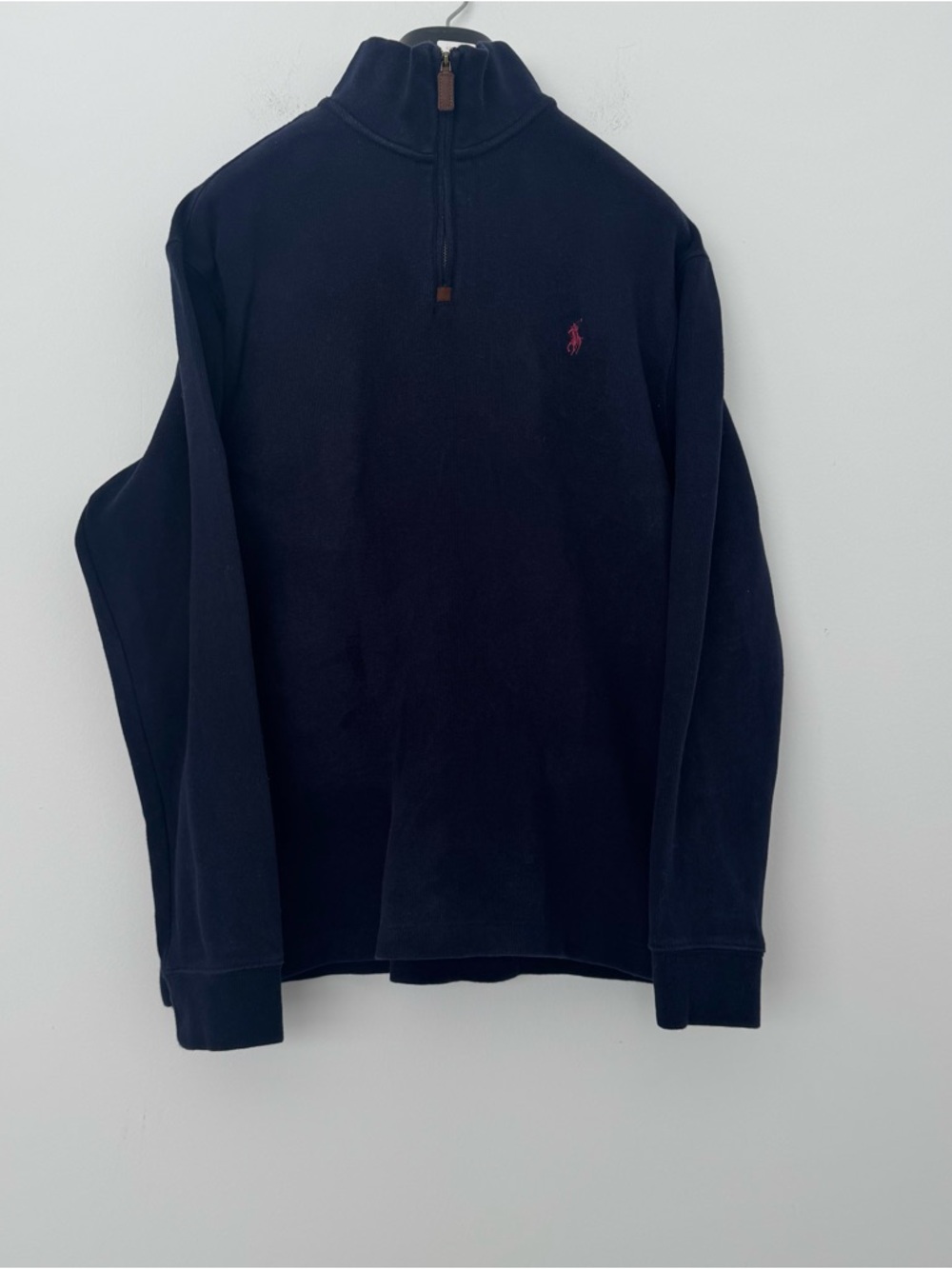 Polo Ralph Lauren 1/4 Zip Sweater Mens L Navy Blue Pullover Red Pony Cotton - Picture 1 of 9